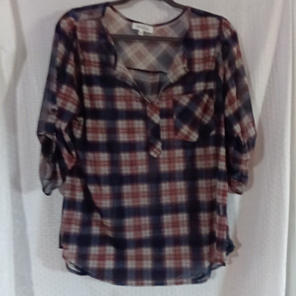 Eden & Olivia Womans Multicolor Plaid Sheer Roll Tab 3/4 Sleeve Top Size LARGE